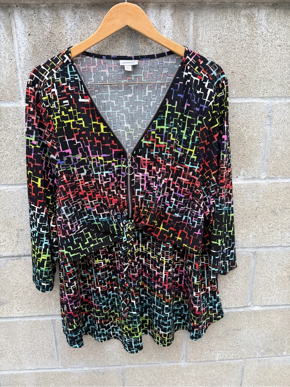 Avenue Black Geo-Print Zip Front Tunic with Multi-Color Accents